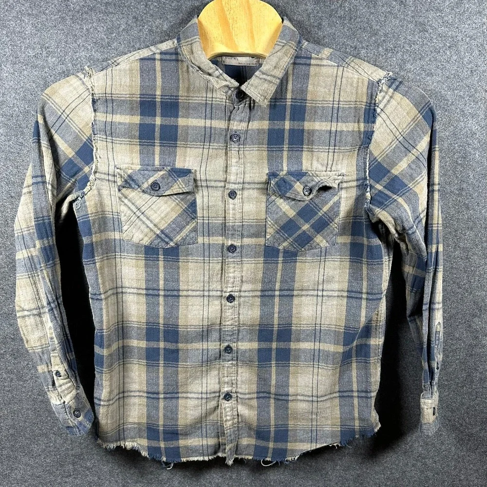 Retrofit Mens‎ Large Plaid Distressed Flannel Shirt Blue Tan Grunge